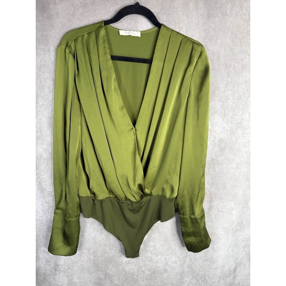 Favorite Daughter The Date Bodysuit Satin Surplice Blouse In Green Size L
